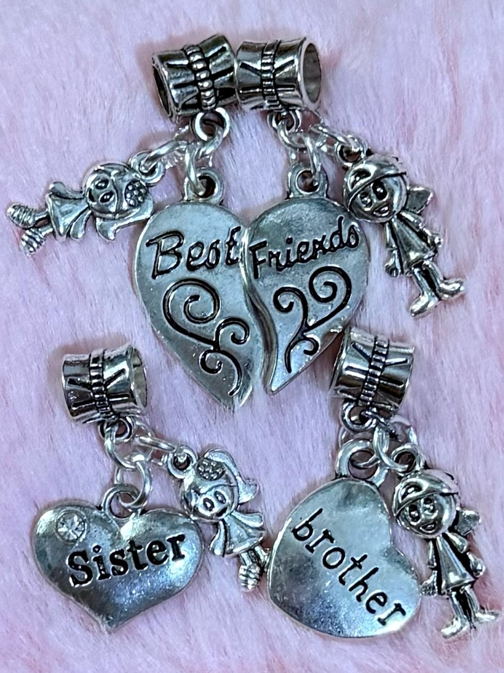 Crystal Sister Brother Bestfriend Silver Charm Set